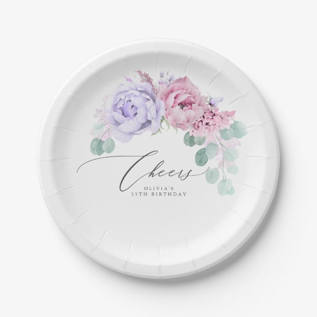 Purple and Pink Flowers Elegant Botanical Wreath Paper Plate (Front)