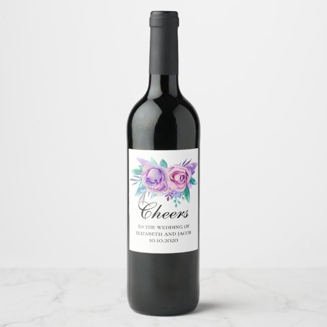 Purple and pink flowers. Floral cheers wedding Wine Label (Front)