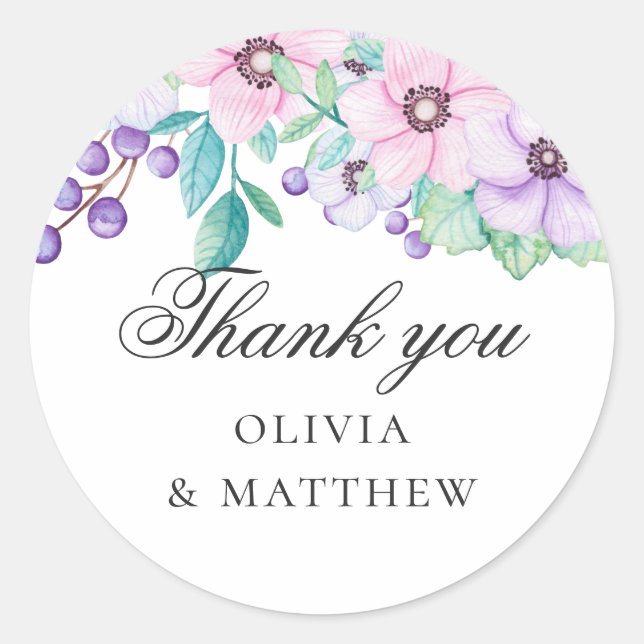 Purple and pink flowers. Floral wedding thank you Classic Round Sticker (Front)