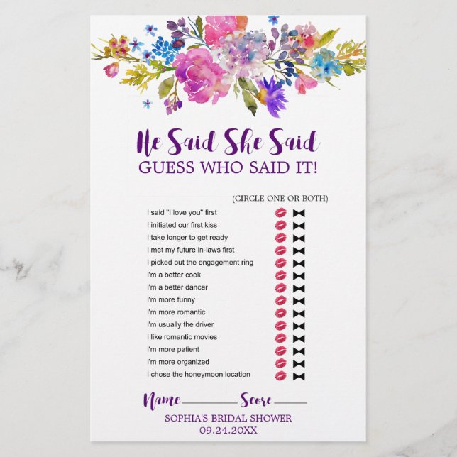 Purple and Pink Flowers "He Said She Said" Game (Front)