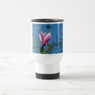 purple and pink flowers, magnolia, blue sky travel mug