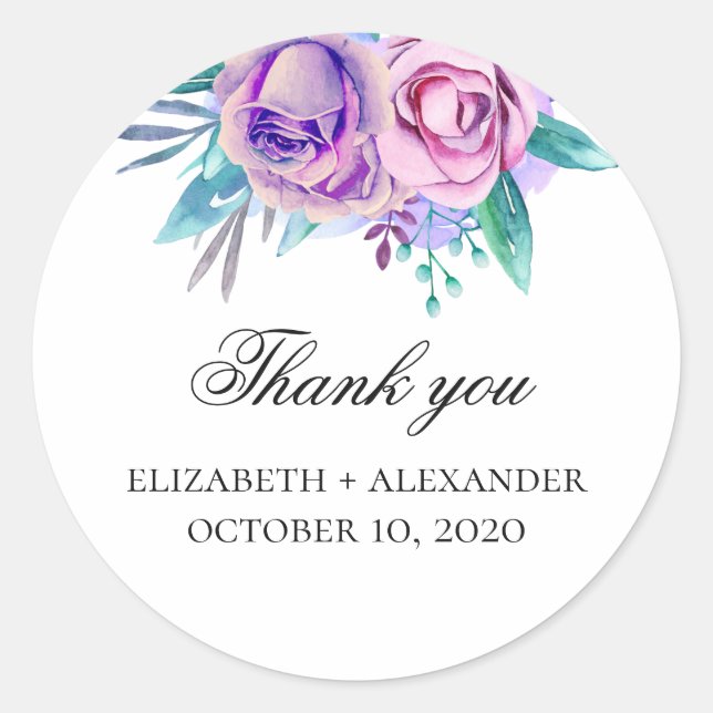 Purple and pink flowers thank you. Floral wedding Classic Round Sticker (Front)