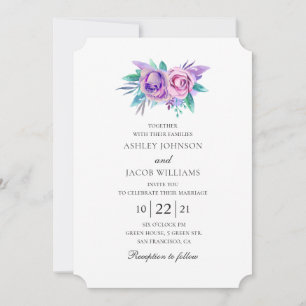 Purple and pink flowers. Watercolor floral wedding Invitation