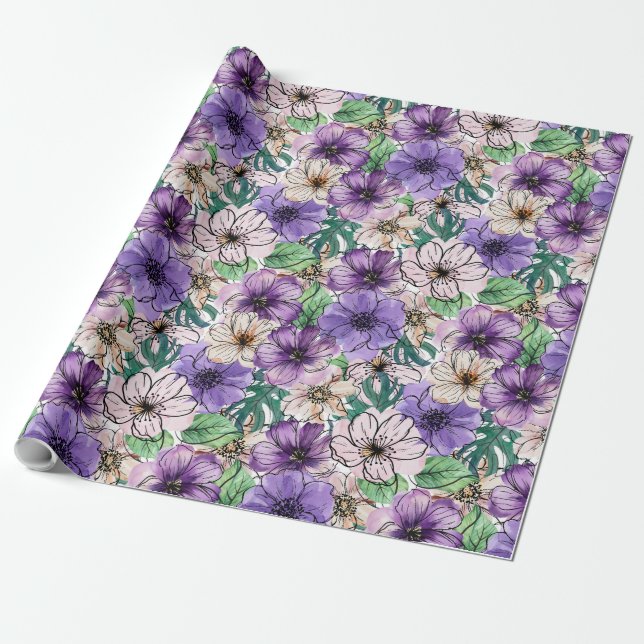 Purple and Pink Flowers   Wrapping Paper (Unrolled)