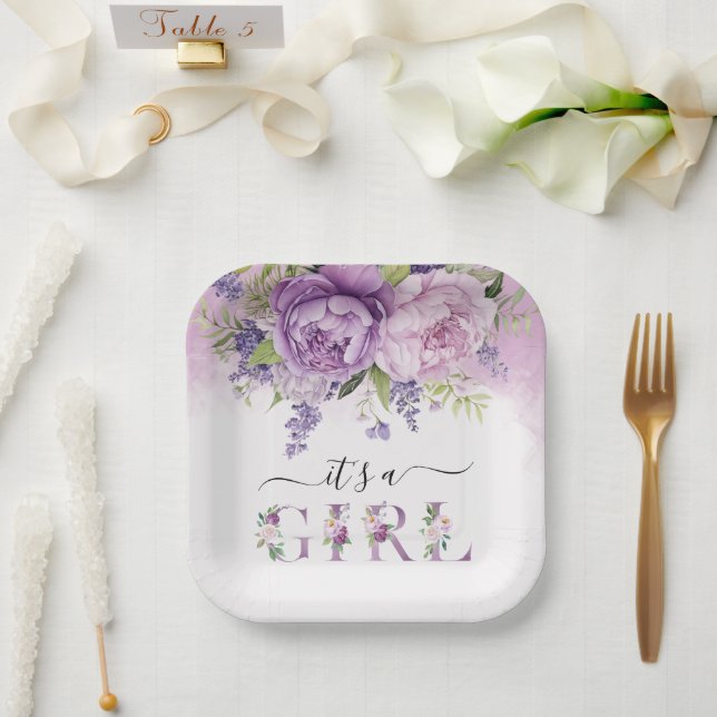 Purple And Pink Garden Flowers Girl Baby Shower Paper Plate (Wedding)