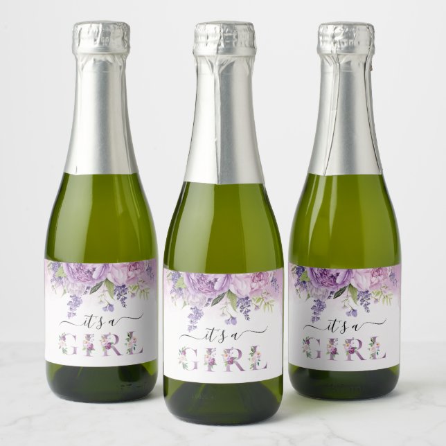 Purple And Pink Garden Flowers Girl Baby Shower Sparkling Wine Label (Bottles)