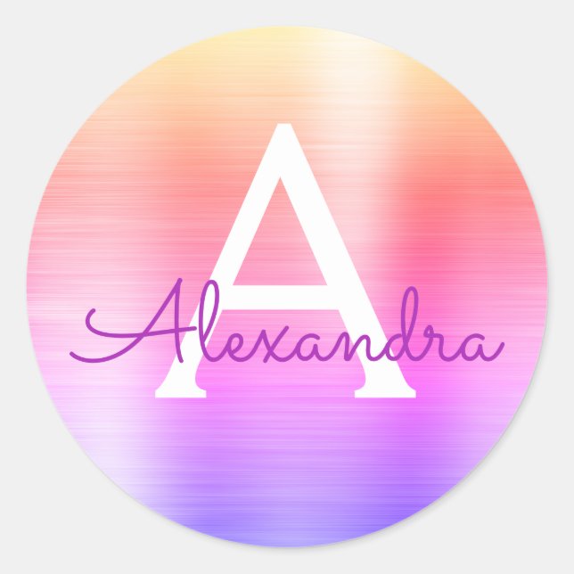 Purple and Pink Girly Metallic Monogram Classic Round Sticker (Front)