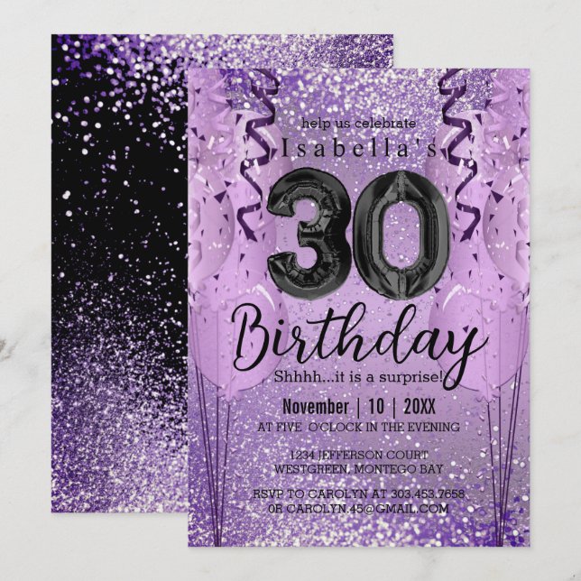 Purple and Pink Glitter 30th Birthday  Invitation (Front/Back)