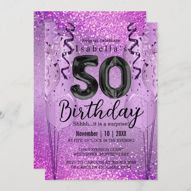 Purple and Pink Glitter 50th Birthday  Invitation (Front/Back)