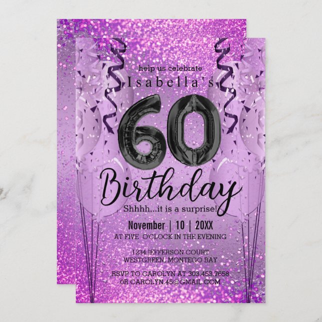 Purple and Pink Glitter 60th Birthday  Invitation (Front/Back)