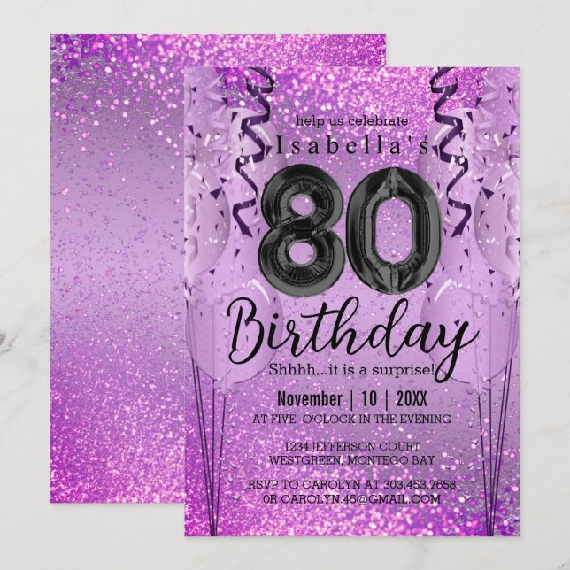 Purple and Pink Glitter 80th Birthday  Invitation (Front/Back)