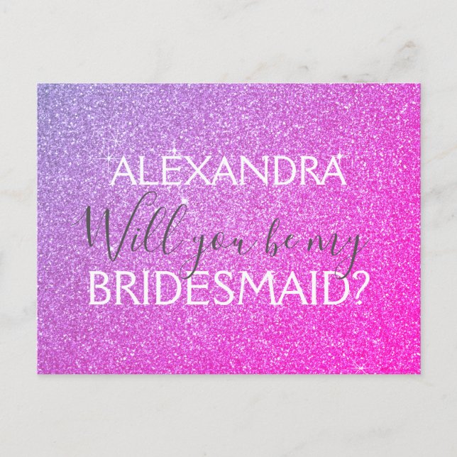 Purple and Pink Glitter and Sparkle Bridesmaid Invitation Postcard (Front)
