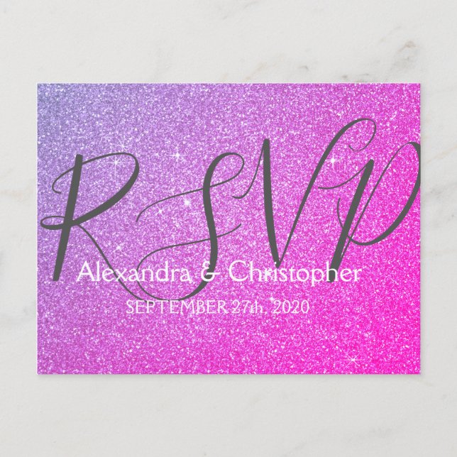 Purple and Pink Glitter and Sparkle RSVP Invitation Postcard (Front)