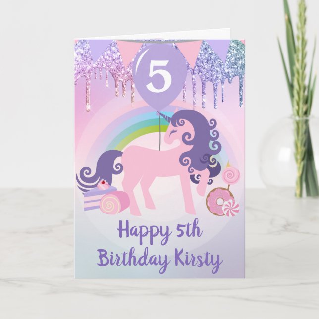 Purple and Pink Glitter Unicorn Sweets Birthday Card (Front)