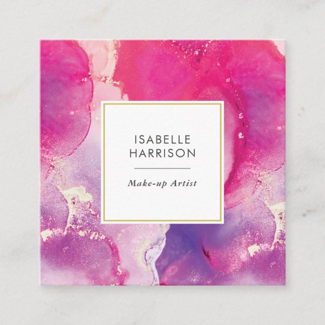 Purple and pink gold watercolor ink business card (Front)