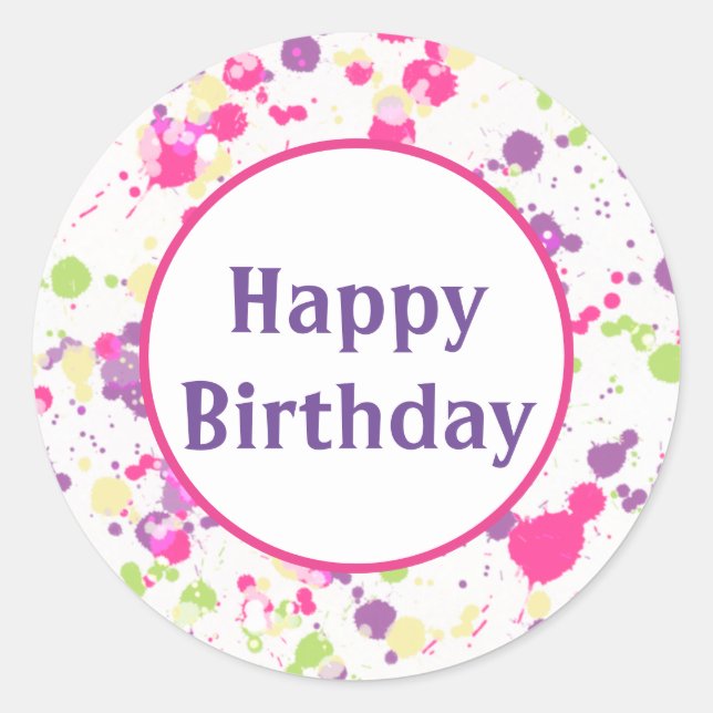 Purple and Pink Happy Birthday Classic Round Sticker (Front)