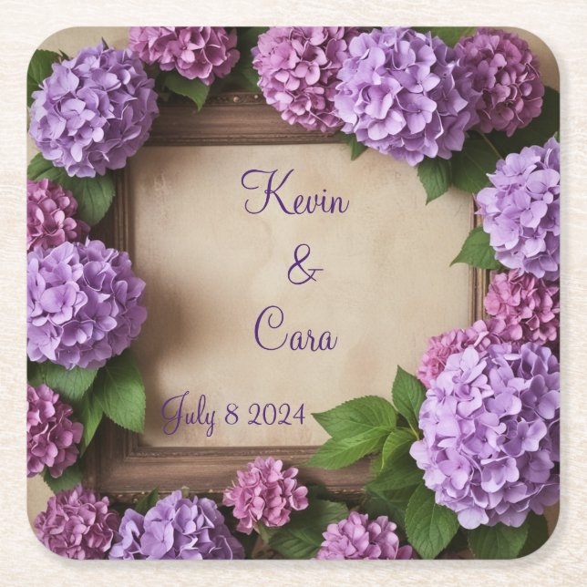 Purple and Pink Hydrangeas Square Paper Coaster (Front)