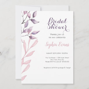 Purple and Pink Leaves White Bridal Shower Invitation
