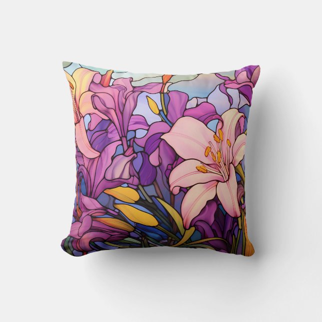 Purple and Pink Lilies Throw Pillow (Front)