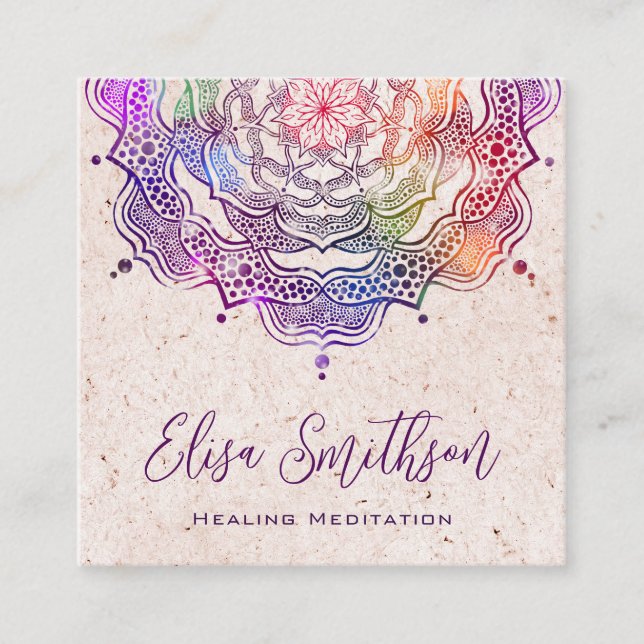 Purple And Pink Mandala Reiki Healing Meditation Square Business Card (Front)
