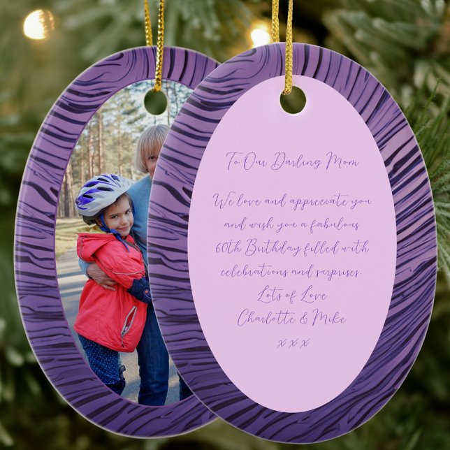 Purple And Pink Mum 60th Birthday Photo Ceramic Tree Decoration (Front And Back)