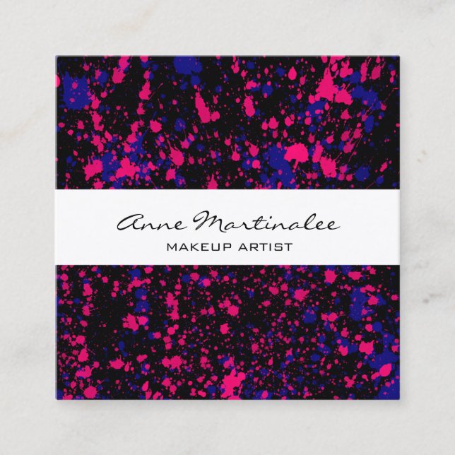 Purple and Pink Paint Splatter on Black Square Business Card (Front)