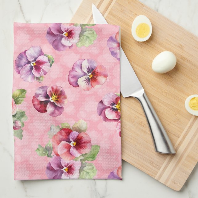 Purple and pink pansies tea towel (Quarter Fold)