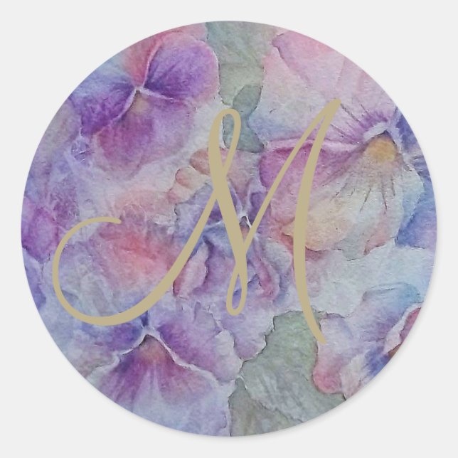 PURPLE AND PINK PANSY PARTY FLORAL CLASSIC ROUND STICKER (Front)