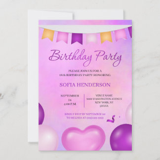 purple and pink pastel birthday party invitation