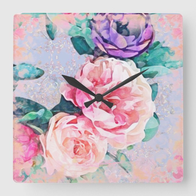 Purple and Pink Peony Wreath Wall Clock (Front)