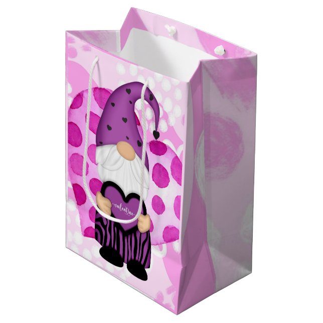 Purple and Pink Polka Dots Valentine Gnome Medium Gift Bag (Front Angled)