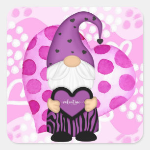 Purple and Pink Polka Dots Valentine Gnome Square Sticker