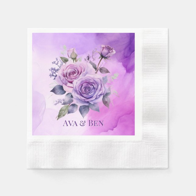 Purple and Pink Rose Alcohol Garden Wedding Napkin (Front)