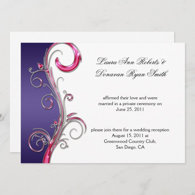 Purple and Pink Silver Ornate Swirl Post Wedding Invitation (Front/Back)