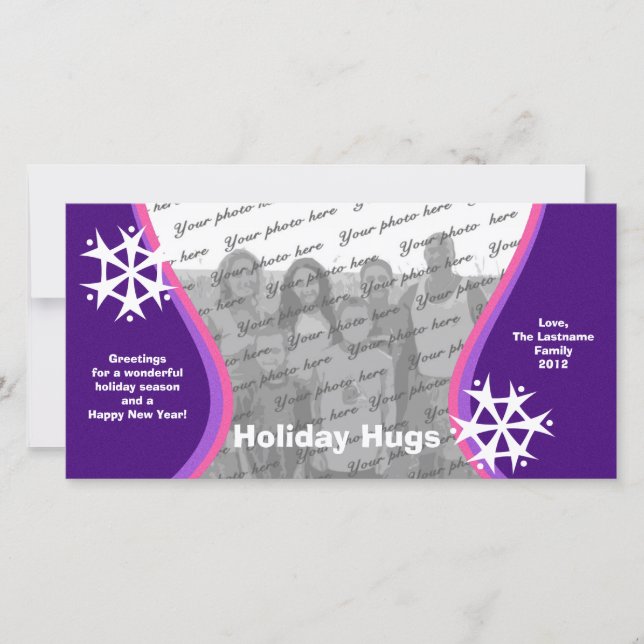 Purple and Pink Snowflake Photo Greeting Holiday Card (Front)