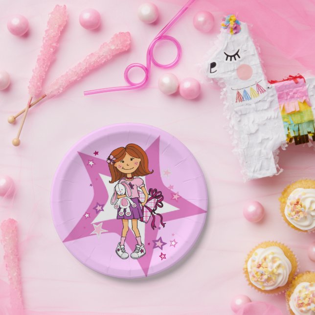 Purple and pink star dark hair girl kids party paper plate (Party)