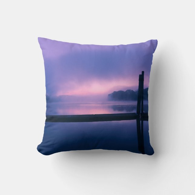 Purple and Pink Sunrise Water Landscape Reflection Cushion (Front)