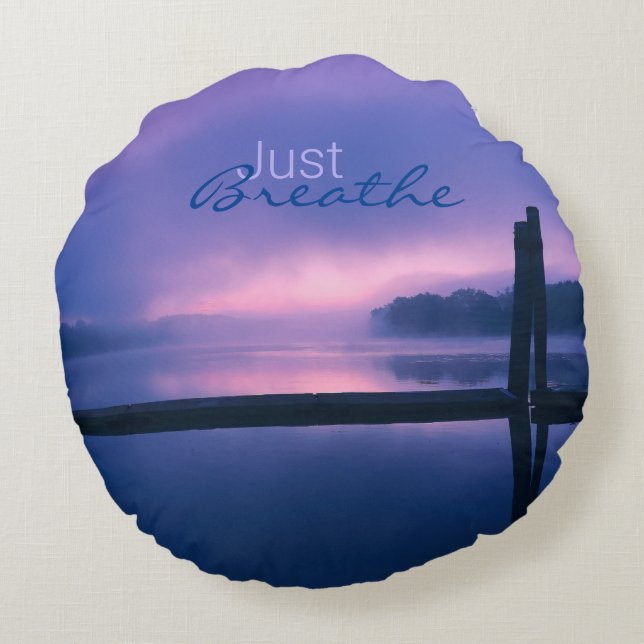 Purple and Pink Sunrise Water Landscape Reflection Round Cushion (Back)