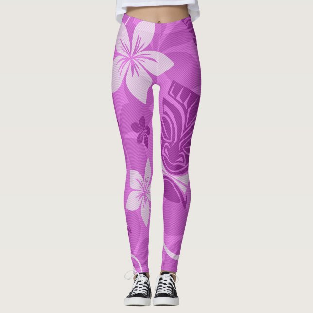 Purple and Pink Tiki Hawaiian Leggings (Front)