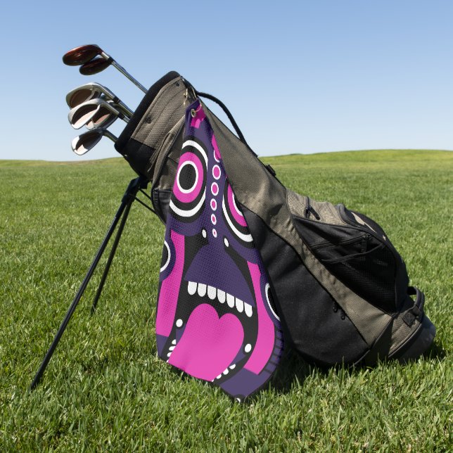 Purple And Pink Tiki Mask Golf Towel (Green)