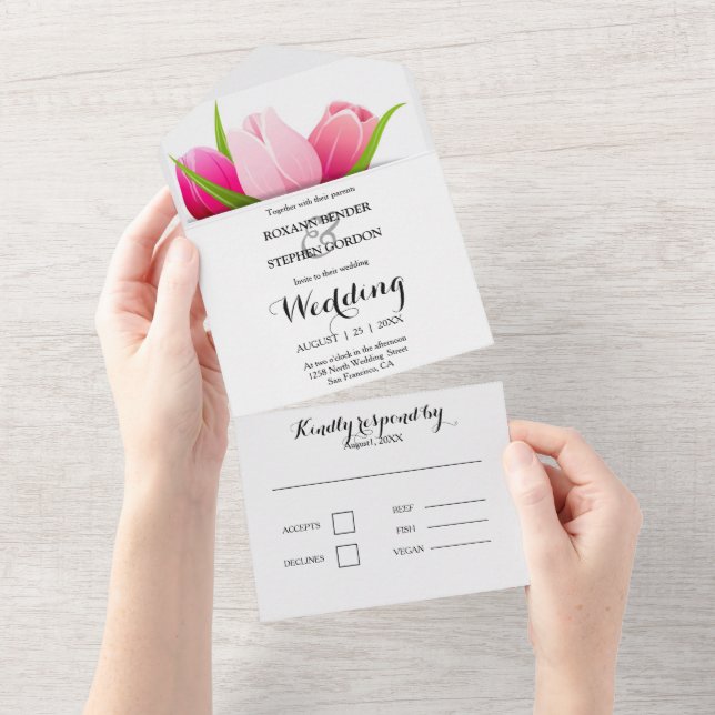 Purple and Pink Tulips Wedding All In One Invitation (Tearaway)