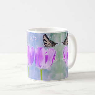 Purple and Pink Tulips with Butterflies – Floral Coffee Mug