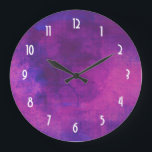 Purple and Pink Watercolor Abstract Background Large Clock<br><div class="desc">A funky looking clock design on a purple and pink watercolor background. These vibrant watercolors mix and mingle together creating a simple,  minimalist,  vibrant,  dynamic design. The clock numbers are in a white art deco font.</div>