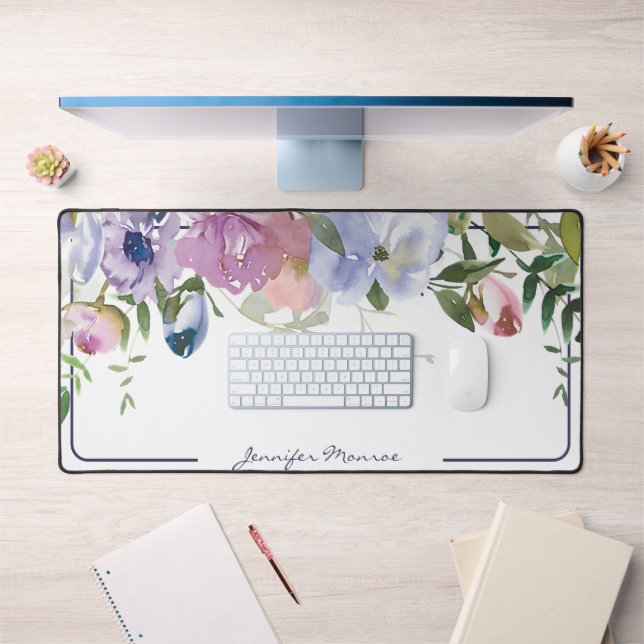 Purple and pink watercolor floral personalised desk mat (Office 1)