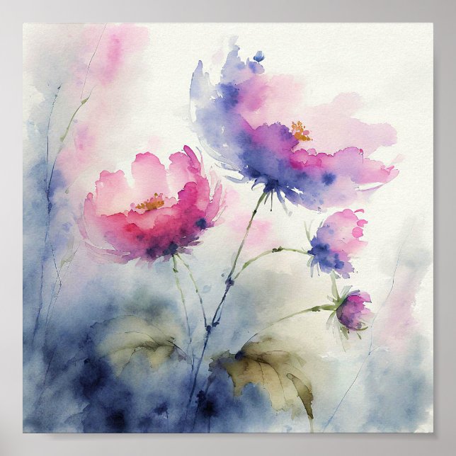 Purple and pink watercolor flowers art poster (Front)