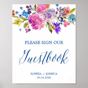 Purple and Pink Watercolor Flowers Guestbook Sign