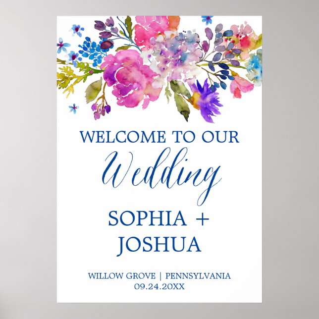 Purple and Pink Watercolor Flowers Wedding Welcome Poster (Front)