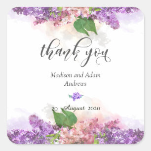 Purple and Pink Watercolor Lilac Flowers Thank You Square Sticker