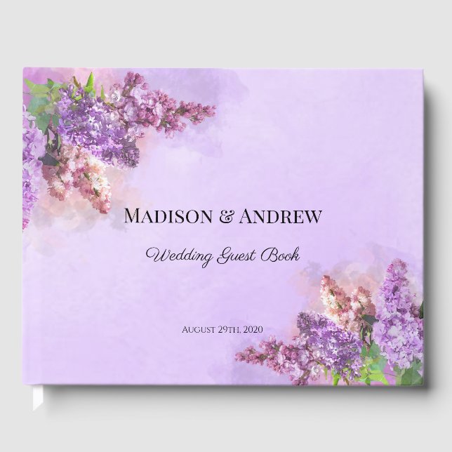 Purple and Pink Watercolor Lilac Flowers Wedding Guest Book (Front)