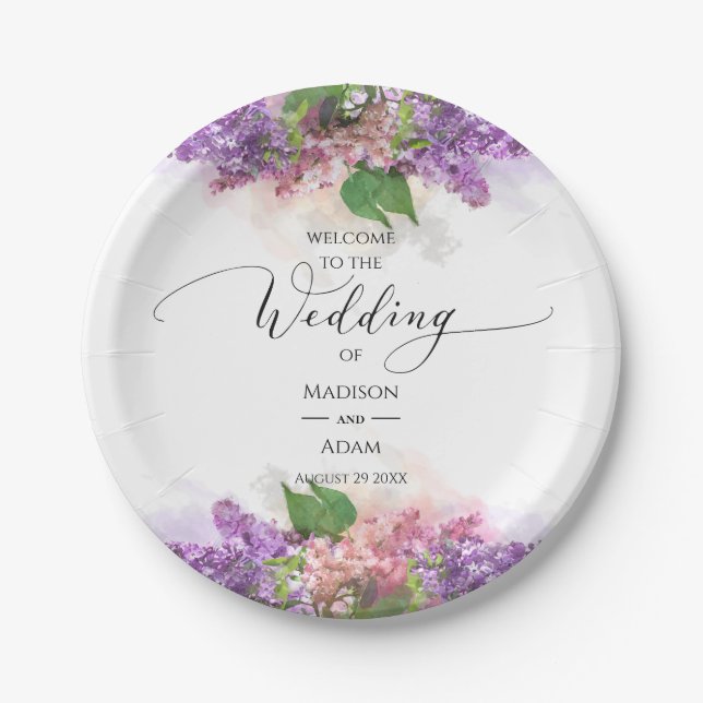 Purple and Pink Watercolor Lilac Flowers Wedding Paper Plate (Front)
